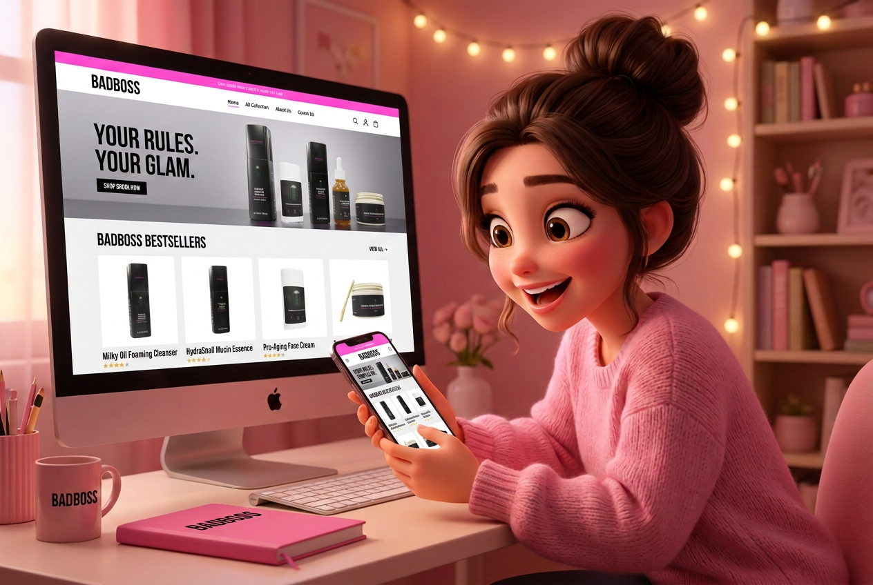 Tiffany viewing her BADBOSS store on her phone and desktop