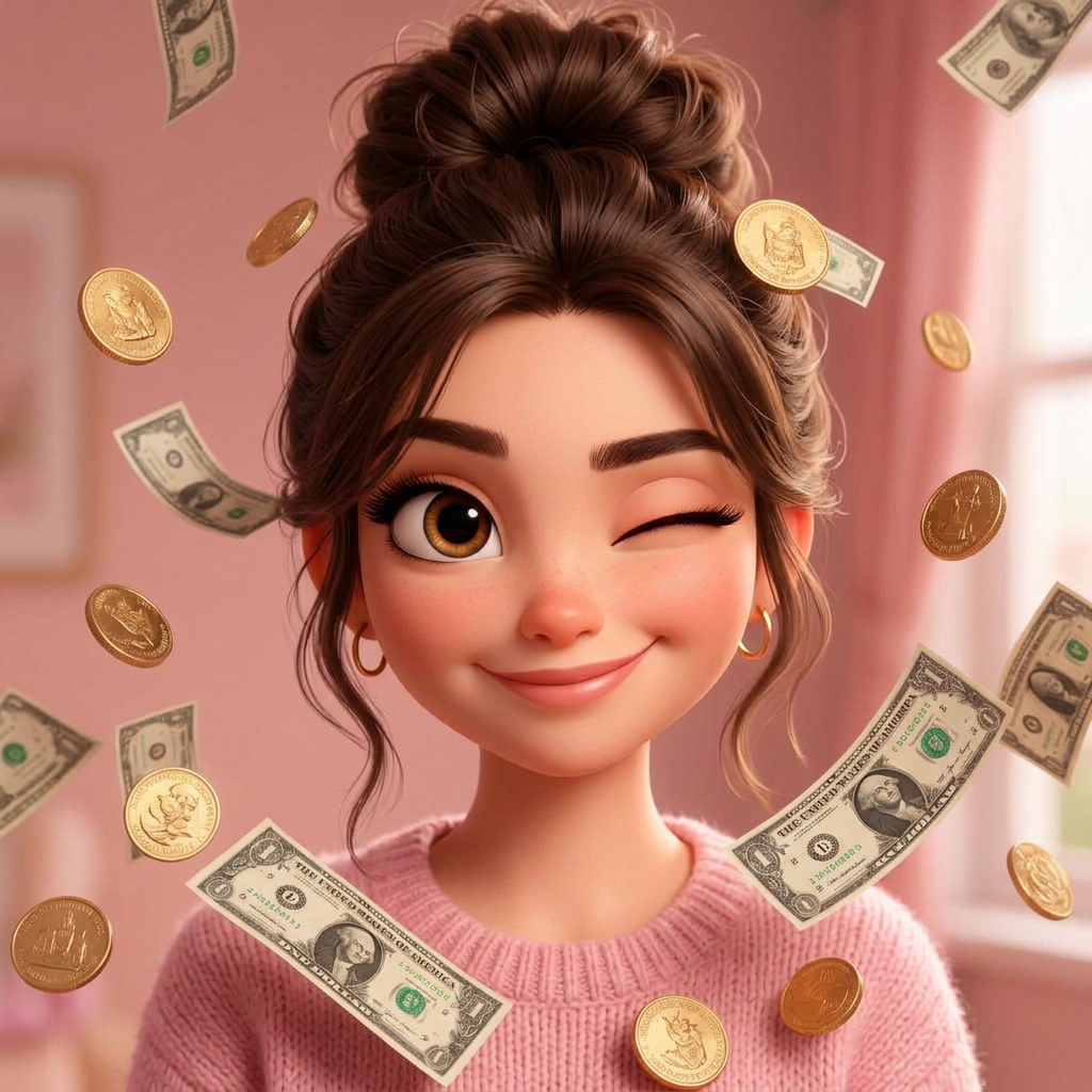 Tiffany winking with money from sales